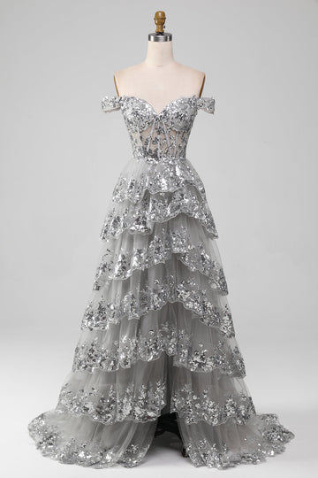 Off the Shoulder Grigio Sparkly Tiered Prom Dress con fessura